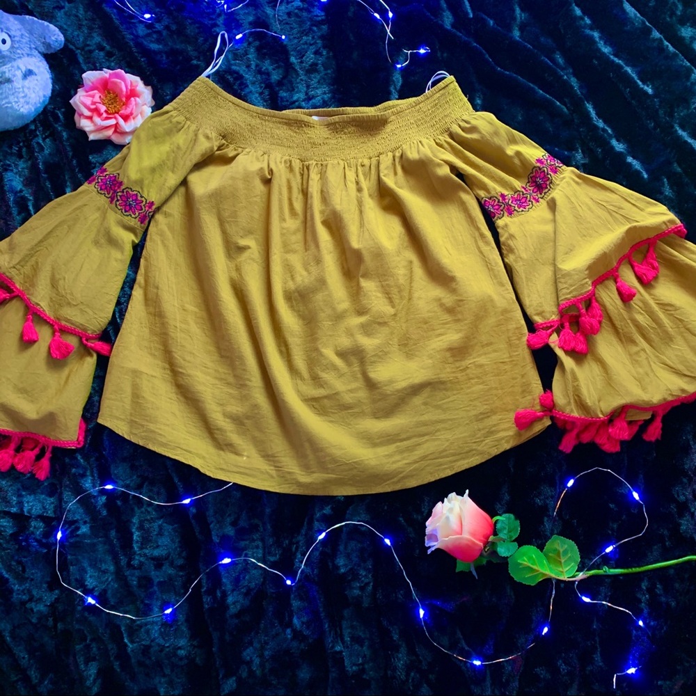 THML Green BOHO Embroidered Bell Sleeve Blouse